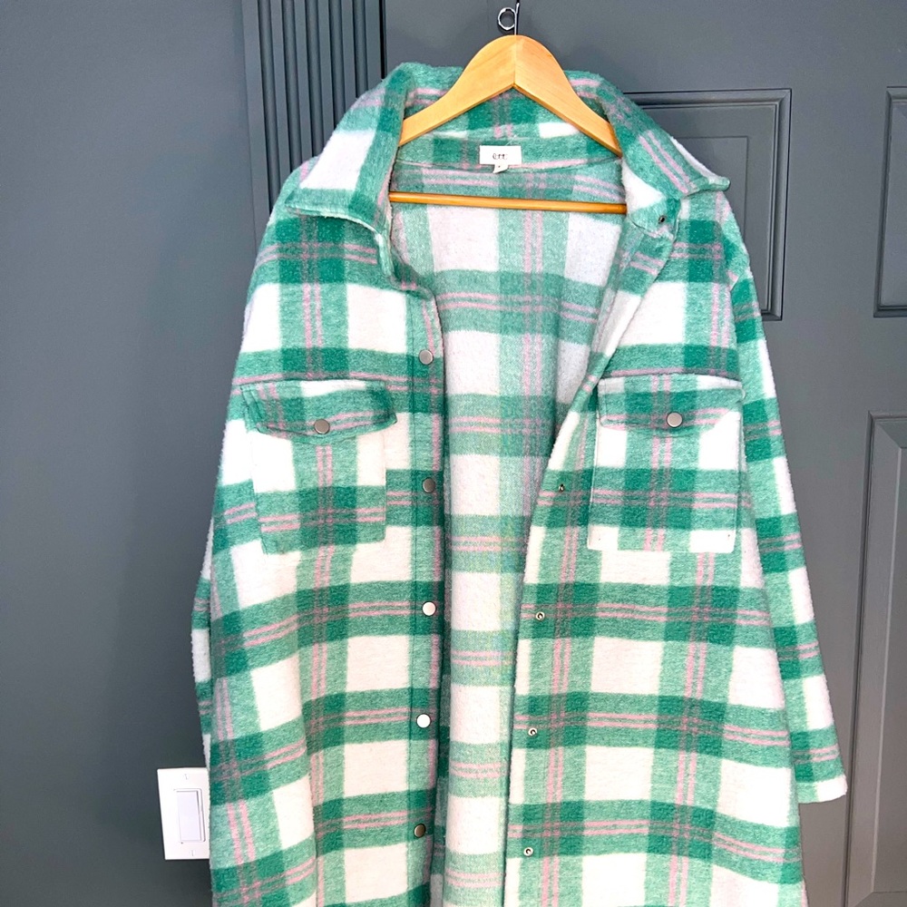 Oversized plaid fleece sweater jacket
